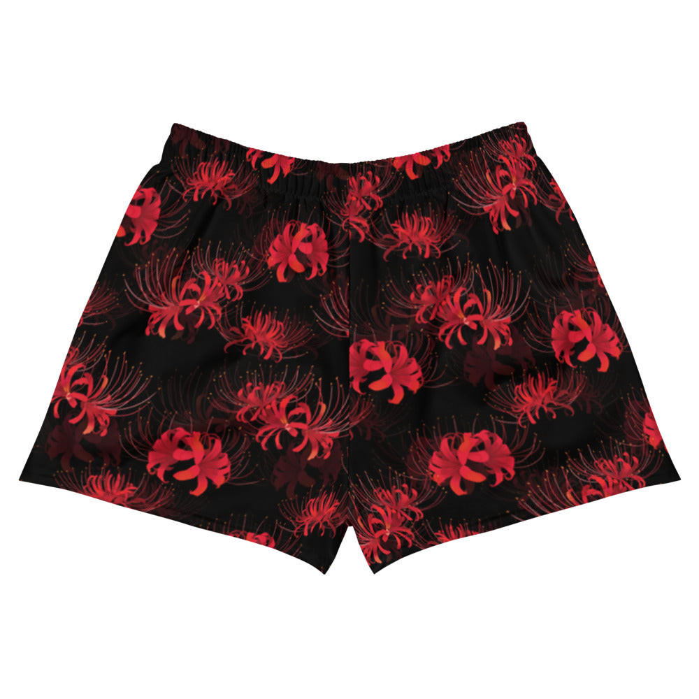 Higanbana Athletic Short Shorts feature a bold red floral design, perfect for a femme-fatale look. Stylish and comfy!