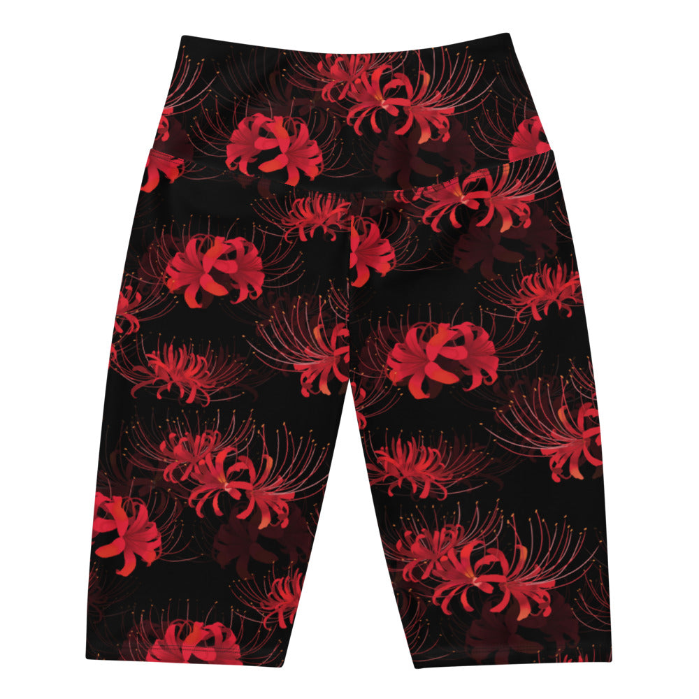 High-waisted Higanbana Biker Shorts featuring vibrant spider lily print for a powerful and flattering fit.