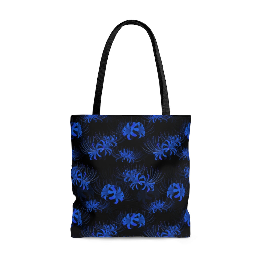 Stylish Higanbana Tote Bag (Blue) featuring a vibrant Spider Lily print, perfect for any outing or gym visit.