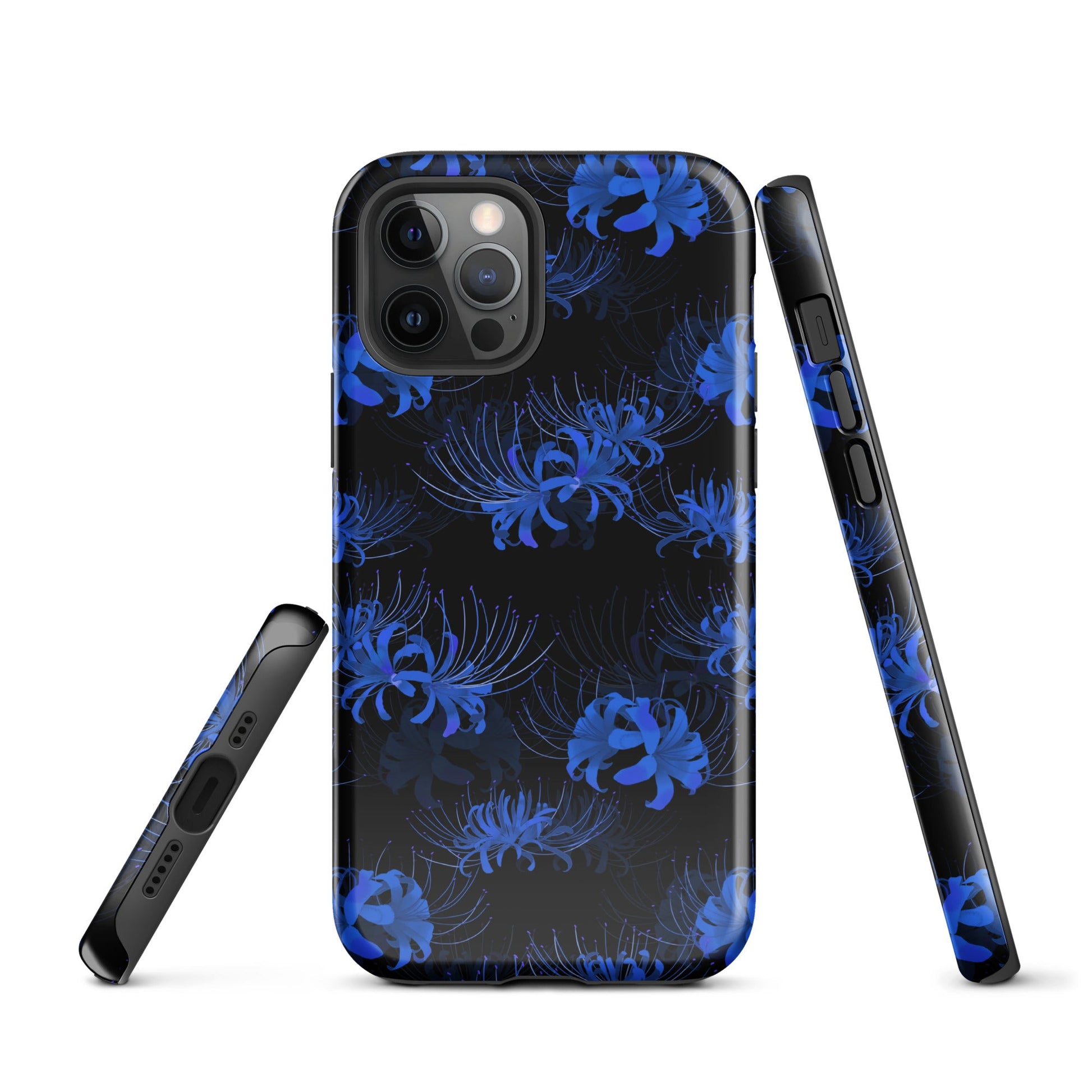Protect your phone with the Higanbana iPhone® Tough Case, featuring a stylish blue floral design and dual-layer protection.