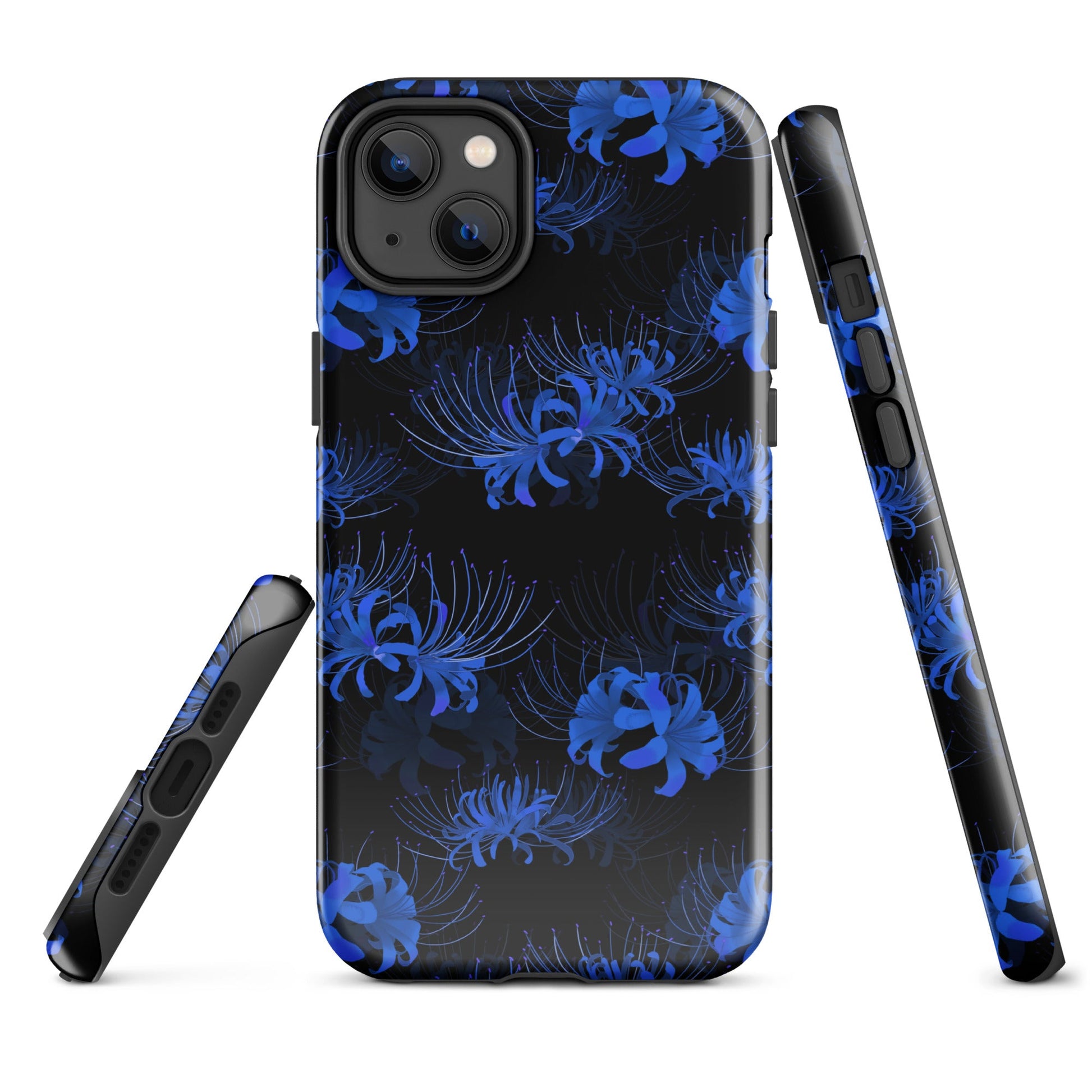 Stylish Higanbana iPhone® Tough Case featuring a durable design with vibrant blue floral patterns for ultimate protection.
