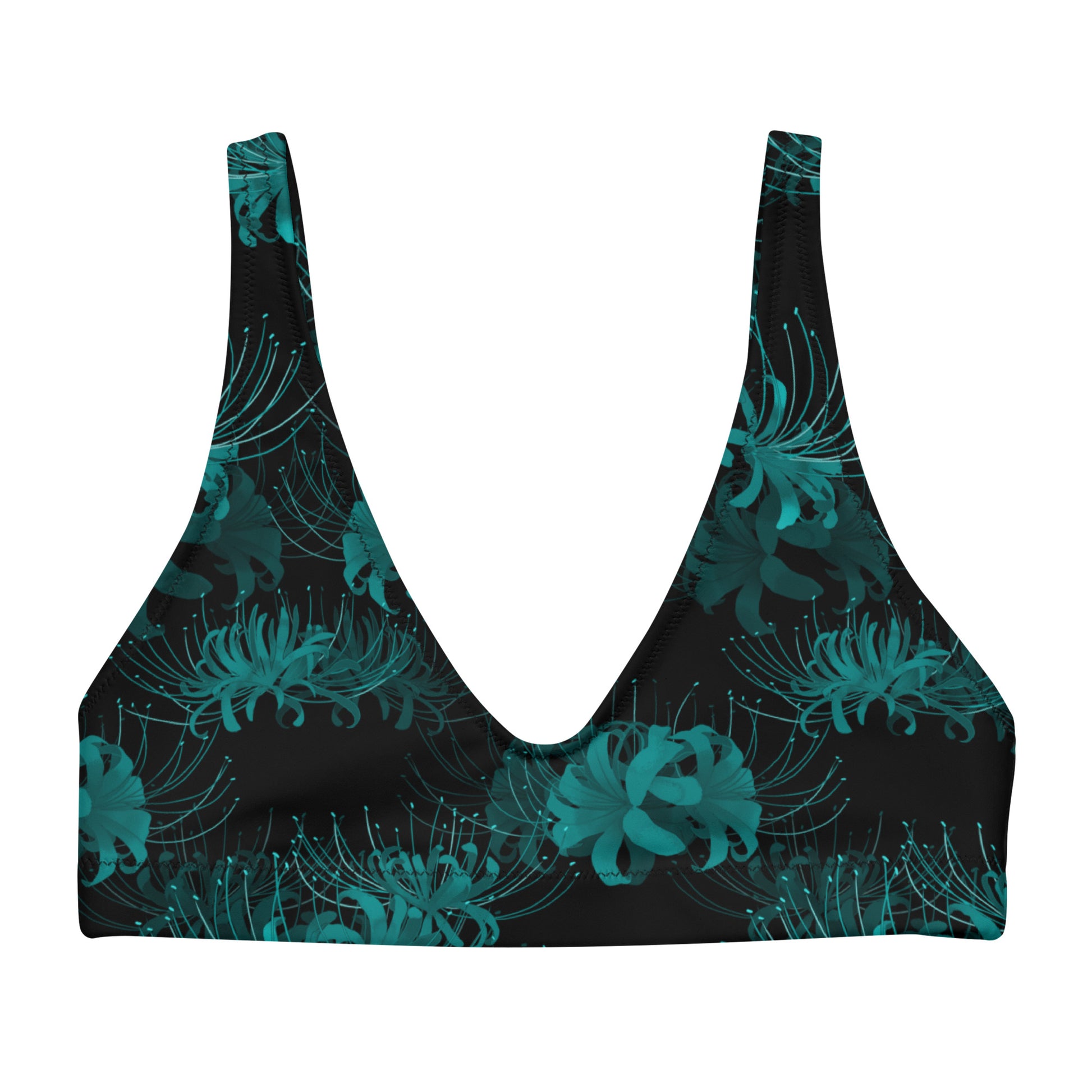Higanbana Padded Bikini Top in teal, featuring a stylish floral design, perfect for a feminine yet edgy look.