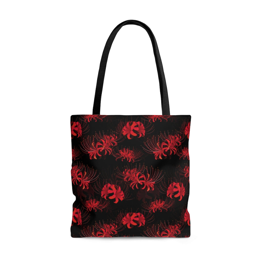Stylish Higanbana Tote Bag (Red) featuring a vibrant Spider Lily print, perfect for any outing or gym visit.