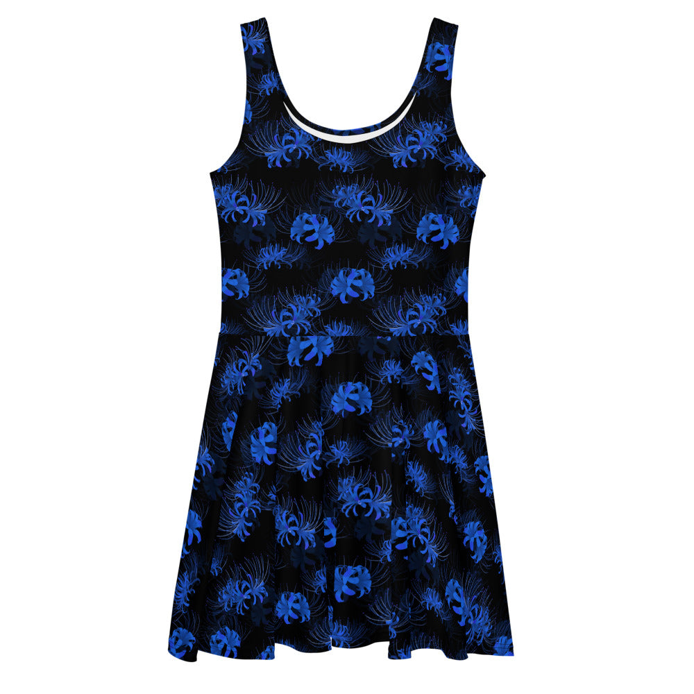 Elegant Higanbana Skater Dress in blue features a flared skirt and intricate floral design, perfect for any style.