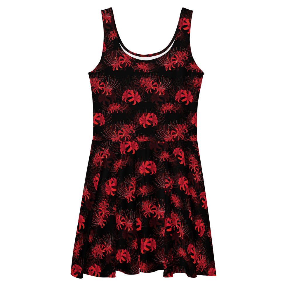 Stylish Higanbana Skater Dress in red with a flared skirt, perfect for a feminine yet edgy look.