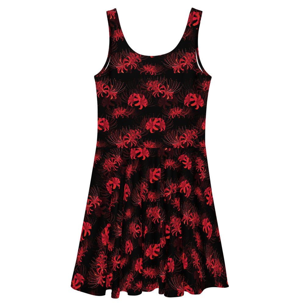 Stylish Higanbana Skater Dress in red with floral design, perfect for a feminine yet edgy look.