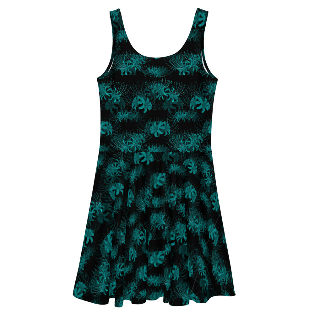 Stylish Higanbana Skater Dress features a flared skirt and intricate teal floral design for a feminine edge.