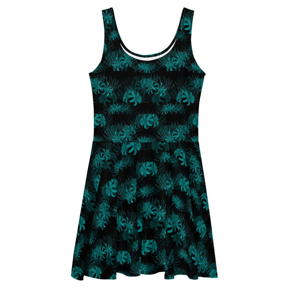 Higanbana Skater Dress in teal features a flared skirt and intricate design, perfect for a bold, feminine look.