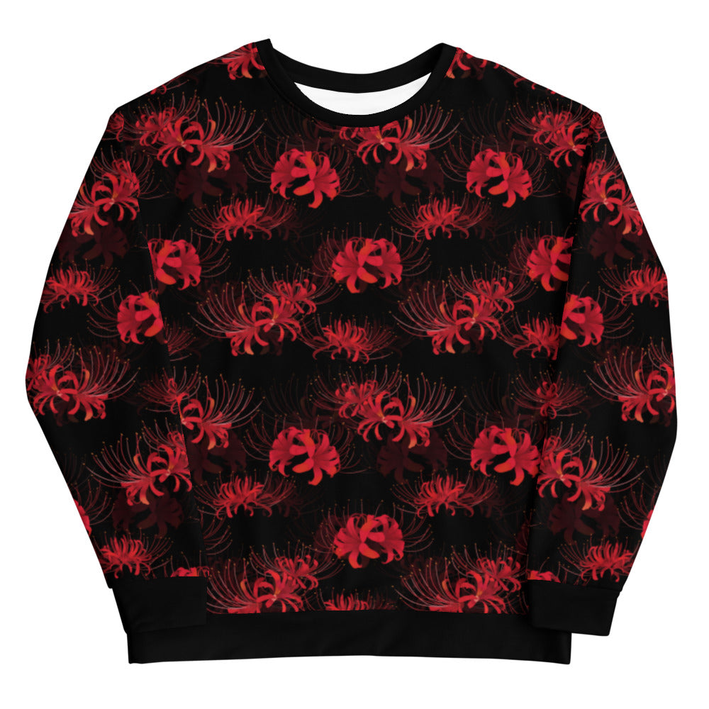 Vibrant Higanbana Sweatshirt in red showcases floral design, perfect for edgy or feminine styles from gym to street.