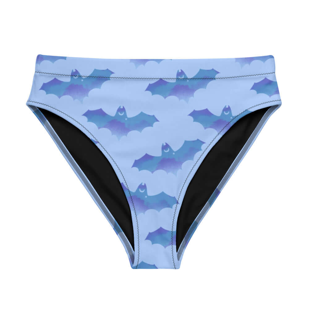 High-waisted Lilith Bikini Bottom features a stylish bat print, perfect for beach adventures and comfort.