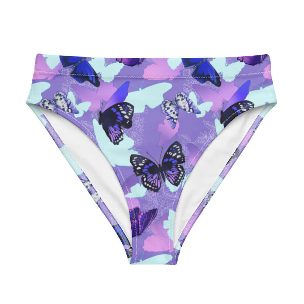 Shop our High-waisted Butterfly Bikini Bottom featuring a vibrant butterfly print, perfect for beach days or spa visits!