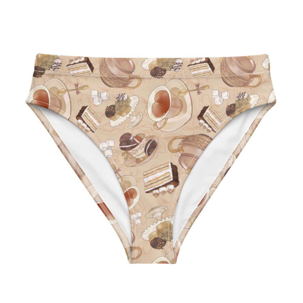 High-waisted Café Bikini Bottom featuring a delightful teatime print, perfect for beach days or spa visits.
