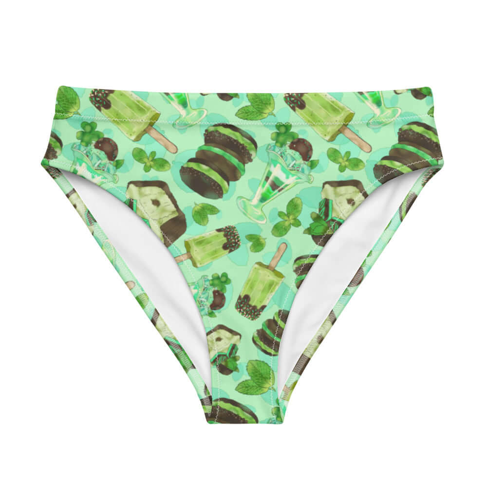 High-waisted Choco Mint Bikini Bottom featuring vibrant prints, perfect for summer beach days or relaxing spa visits.