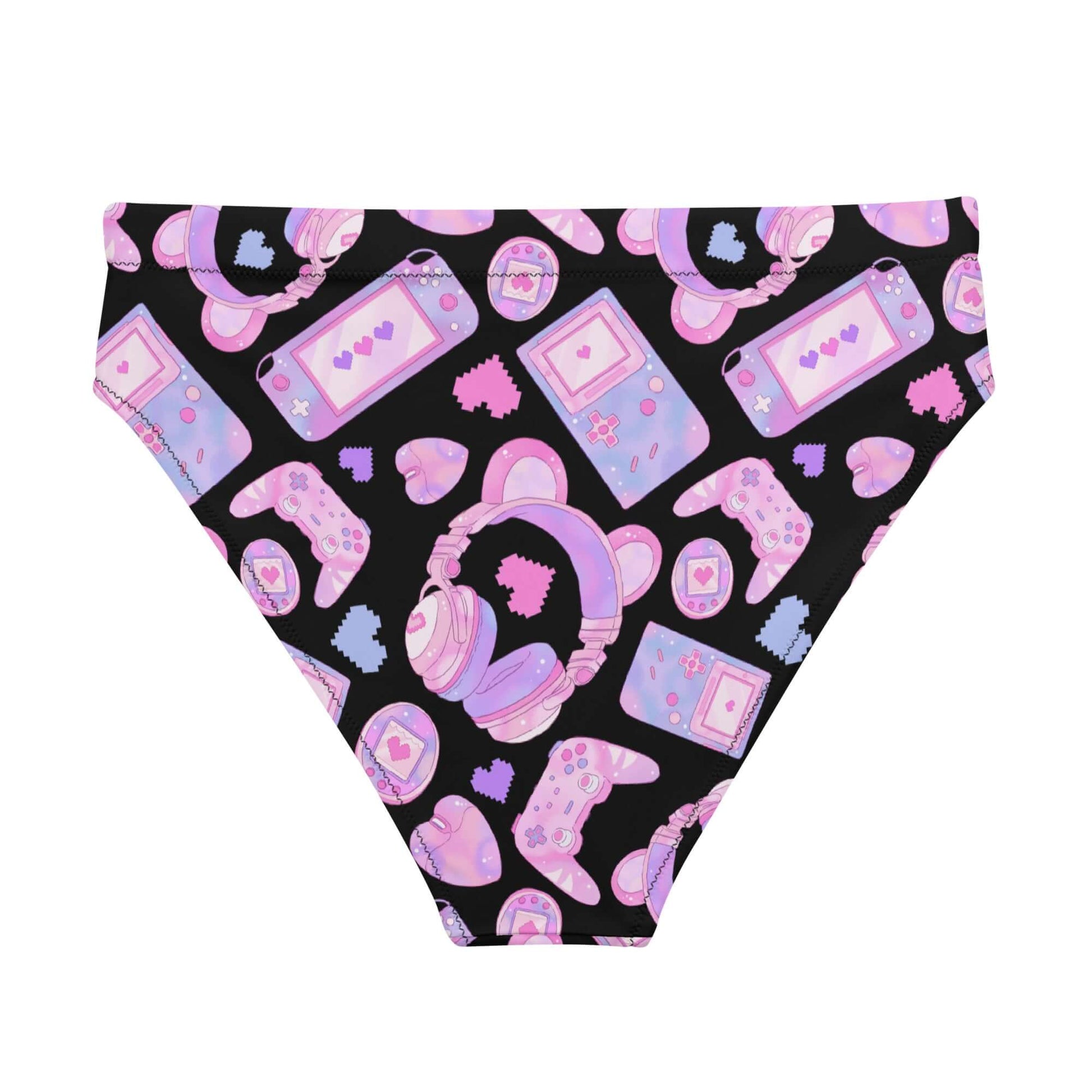 High-waisted Gamer Girl Bikini Bottom features playful 8-bit hearts and pastel consoles, perfect for beach adventures.