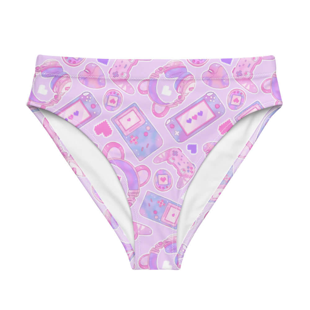 High-waisted Gamer Girl Bikini Bottom featuring pastel consoles and 8-bit hearts, perfect for beach adventures.