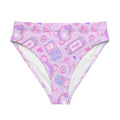 High-waisted Gamer Girl Bikini Bottom featuring pastel consoles and 8-bit hearts, perfect for beach adventures.