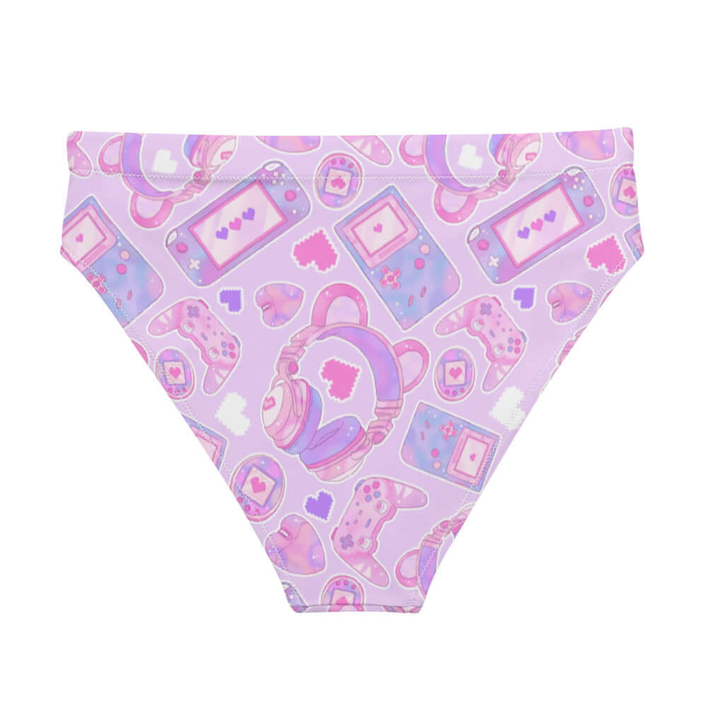 High-waisted Gamer Girl Bikini Bottom featuring cute 8-bit hearts and pastel gaming designs for beach fun.