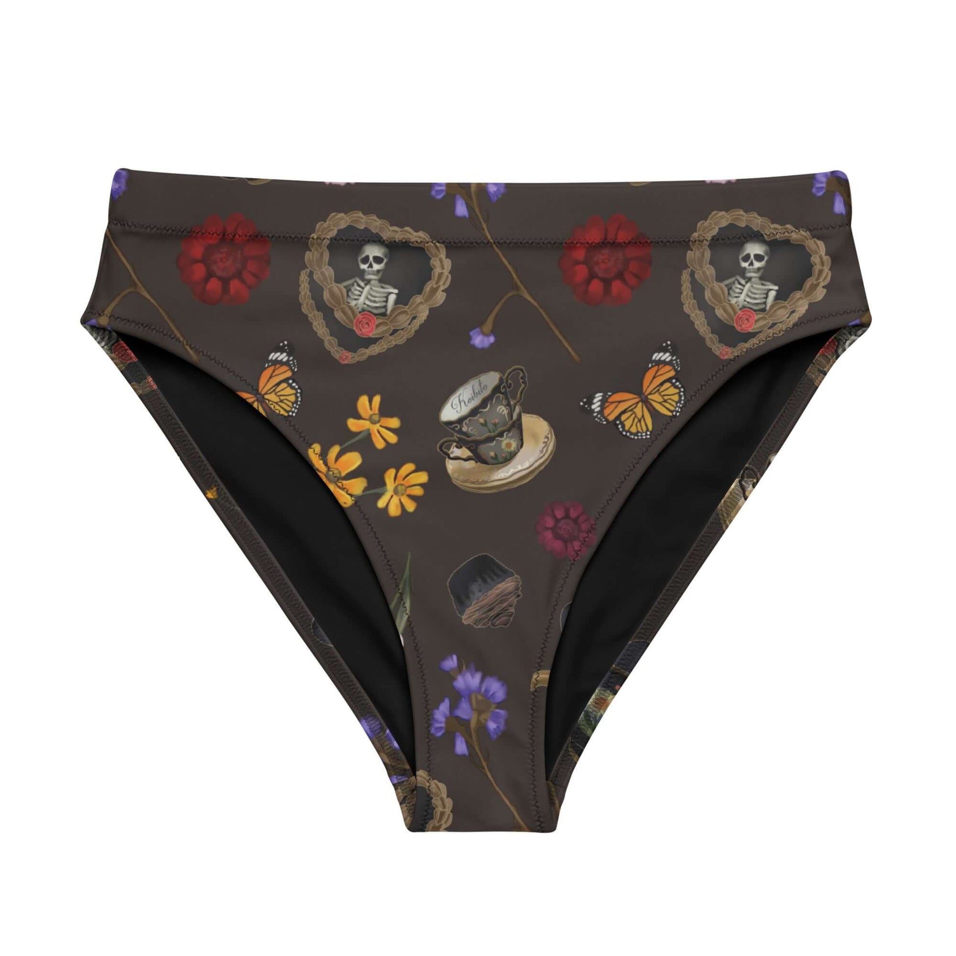 High-waisted Gothic Tea Time Bikini Bottom features a unique, stylish print perfect for sunny days in comfort.