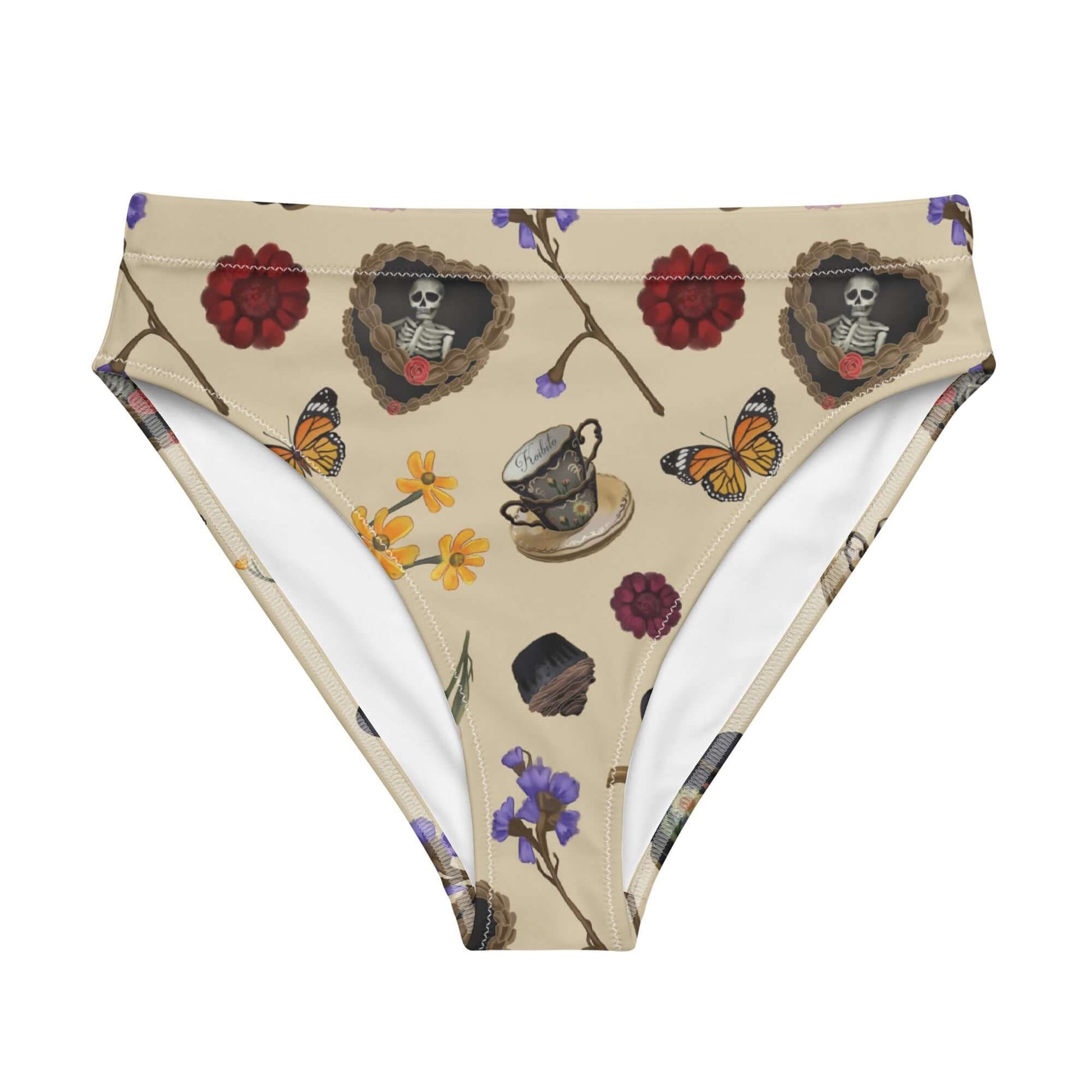 High-waisted Gothic Tea Time Bikini Bottom features unique prints, perfect for stylish comfort on sunny days.