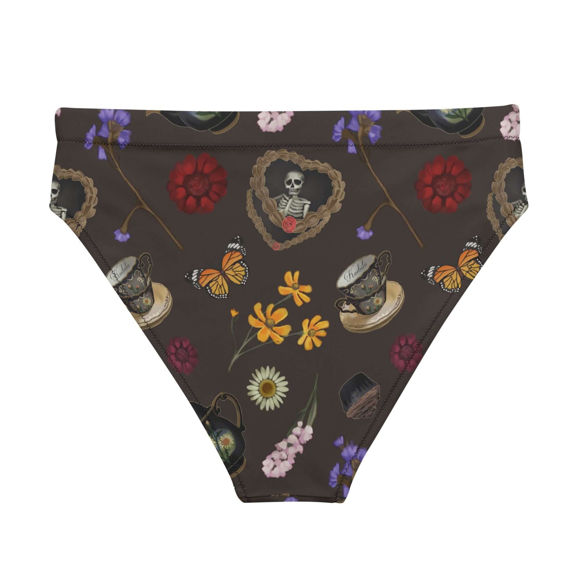 Stylish High-waisted Gothic Tea Time Bikini Bottom featuring a vibrant floral and skull design perfect for unique summer looks.