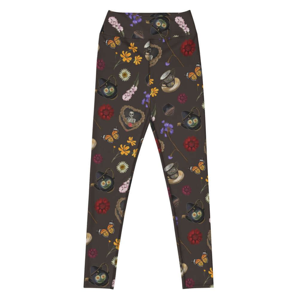 High-waisted Gothic Tea Time Leggings featuring a floral and tea ware design for a chic, gothic look. Perfectly soft and stylish.