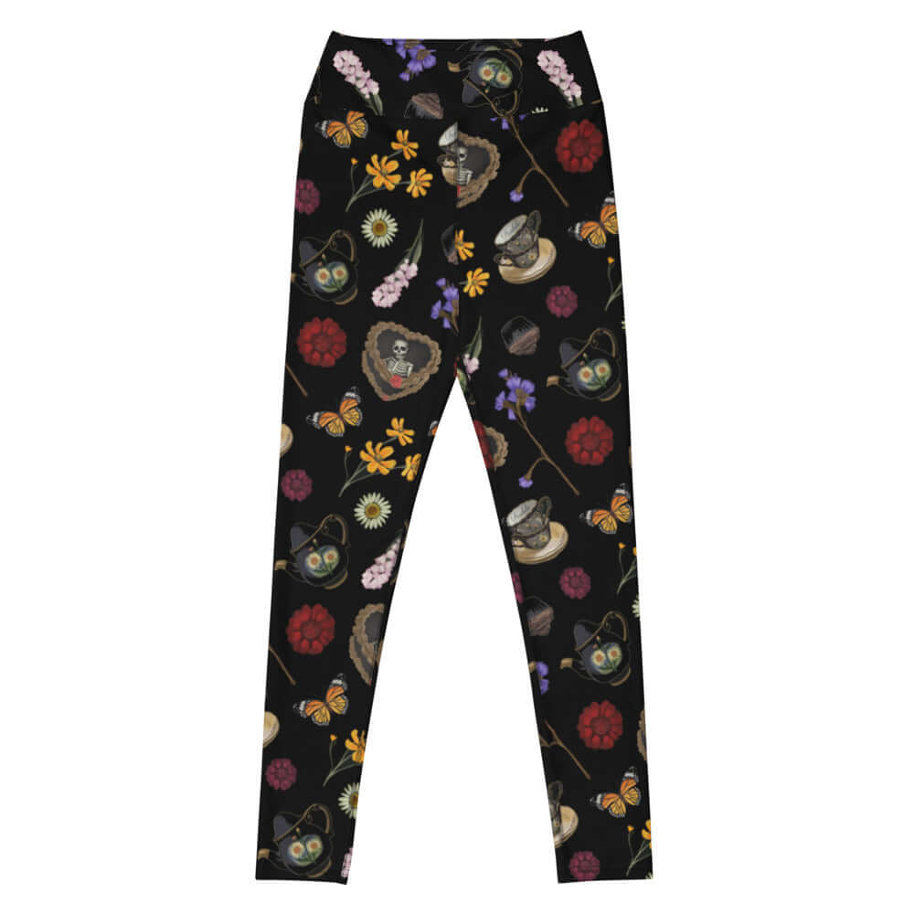Elevate your style with High-waisted Gothic Tea Time Leggings, featuring delicate floral and tea ware designs.