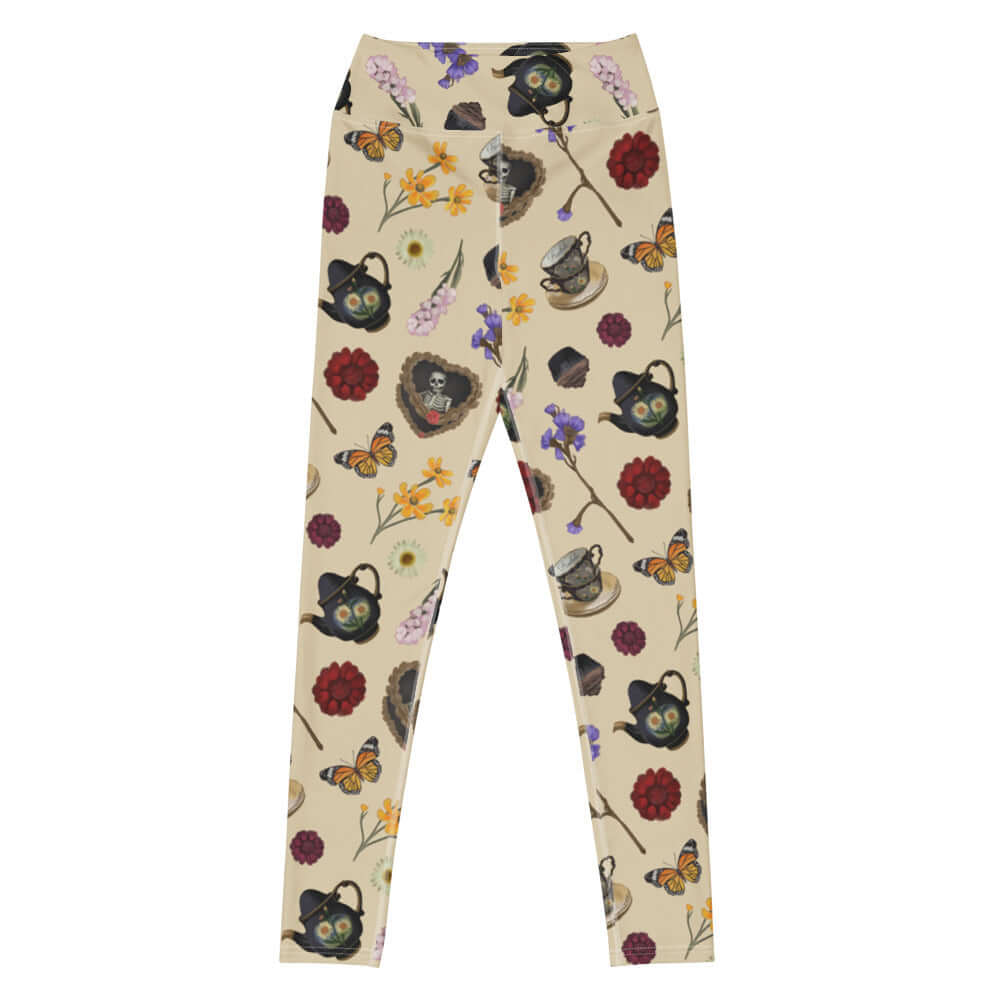 Stylish High-waisted Gothic Tea Time Leggings featuring floral and tea-themed designs for a chic goth look.