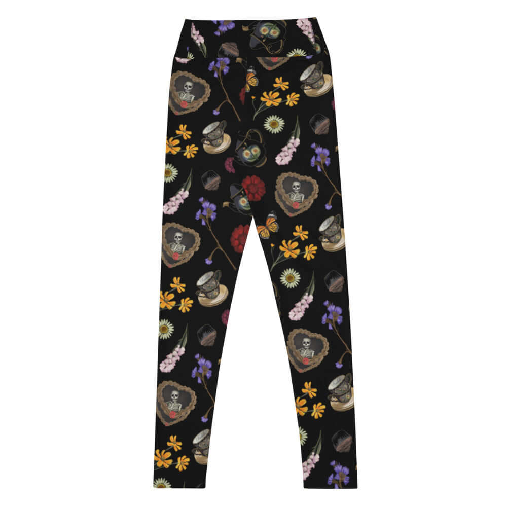 High-waisted Gothic Tea Time Leggings feature a floral and tea-themed design, perfect for adding a gothic touch to your outfit.