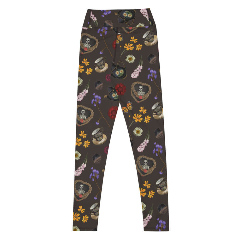 High-waisted Gothic Tea Time Leggings feature a floral and tea ware design, perfect for a chic goth look.