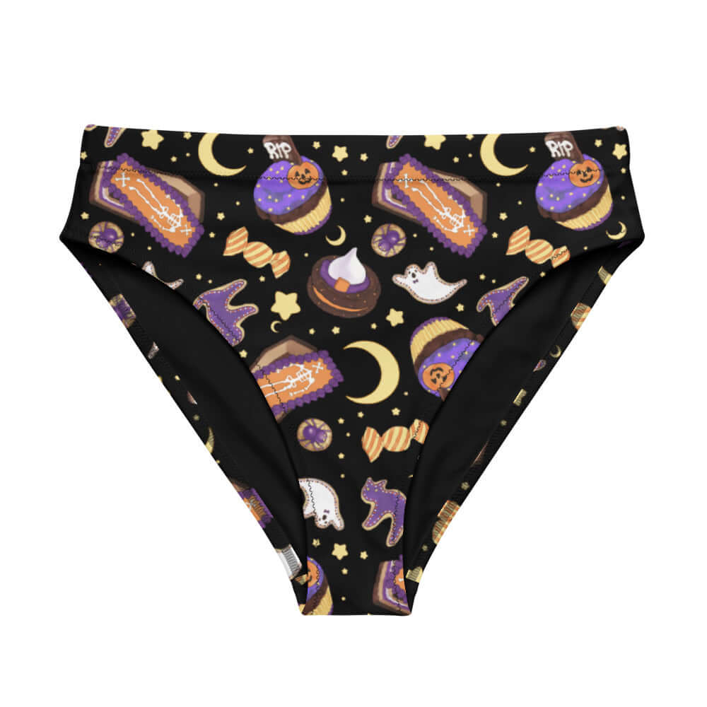 High-waisted Halloween Treat Bikini Bottom featuring a fun Halloween design, perfect for beach days or spa vibes.