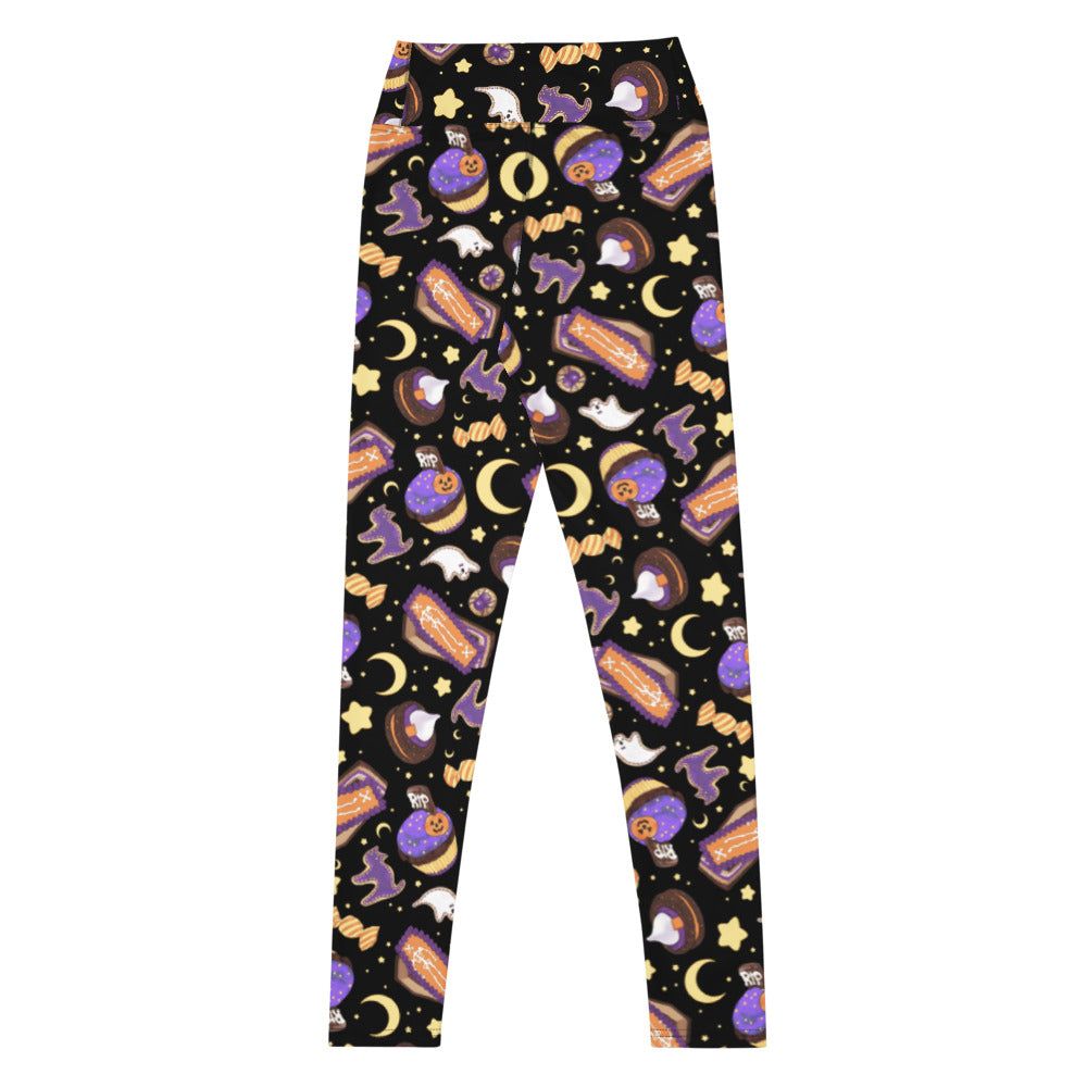 Stylish High-waisted Halloween Treat Leggings featuring fun Halloween graphics, perfect for workouts or casual outings.
