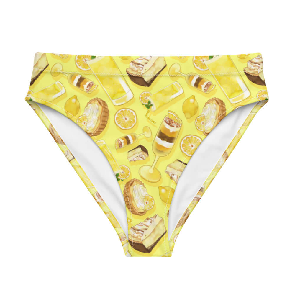 High-waisted Lemon Bikini Bottom features a vibrant lemon print, perfect for beach days or spa visits.