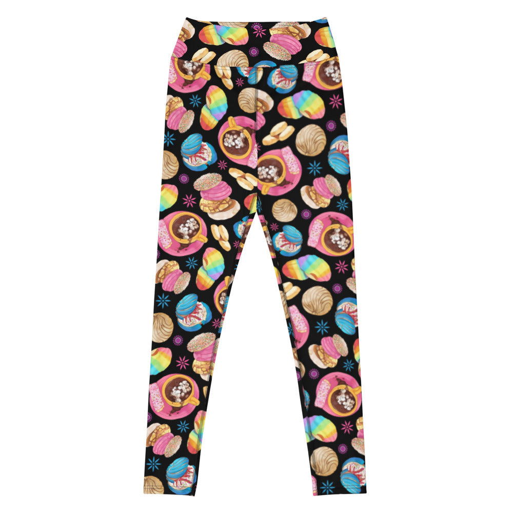 Stylish High-waisted Pan Dulce Leggings featuring colorful baked goods, perfect for workouts or casual outings.