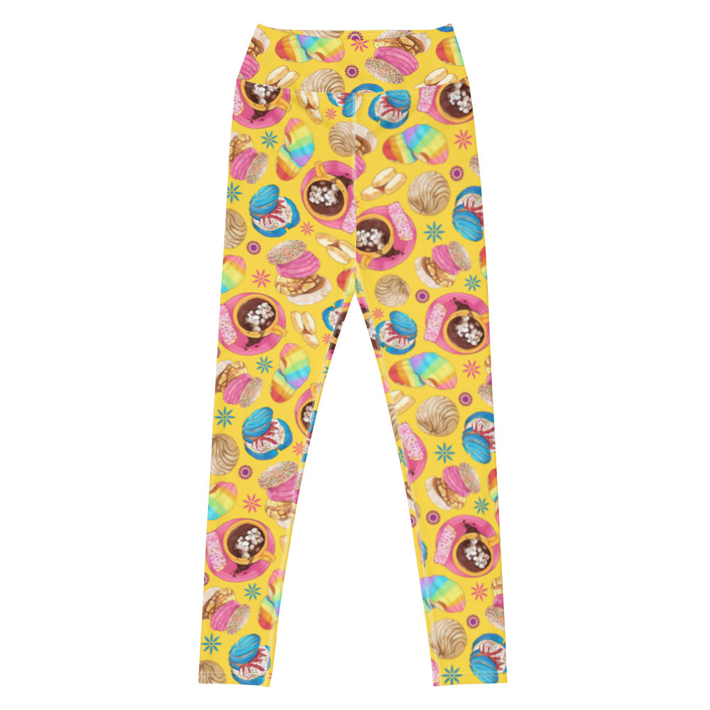 Bright and fun High-waisted Pan Dulce Leggings covered in colorful baked goods, perfect for workouts or casual outings.