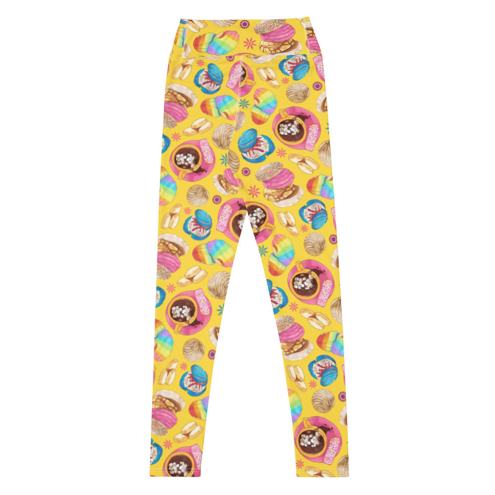 Bright and stylish High-waisted Pan Dulce Leggings featuring a fun pattern of sweet baked goods for active wear.
