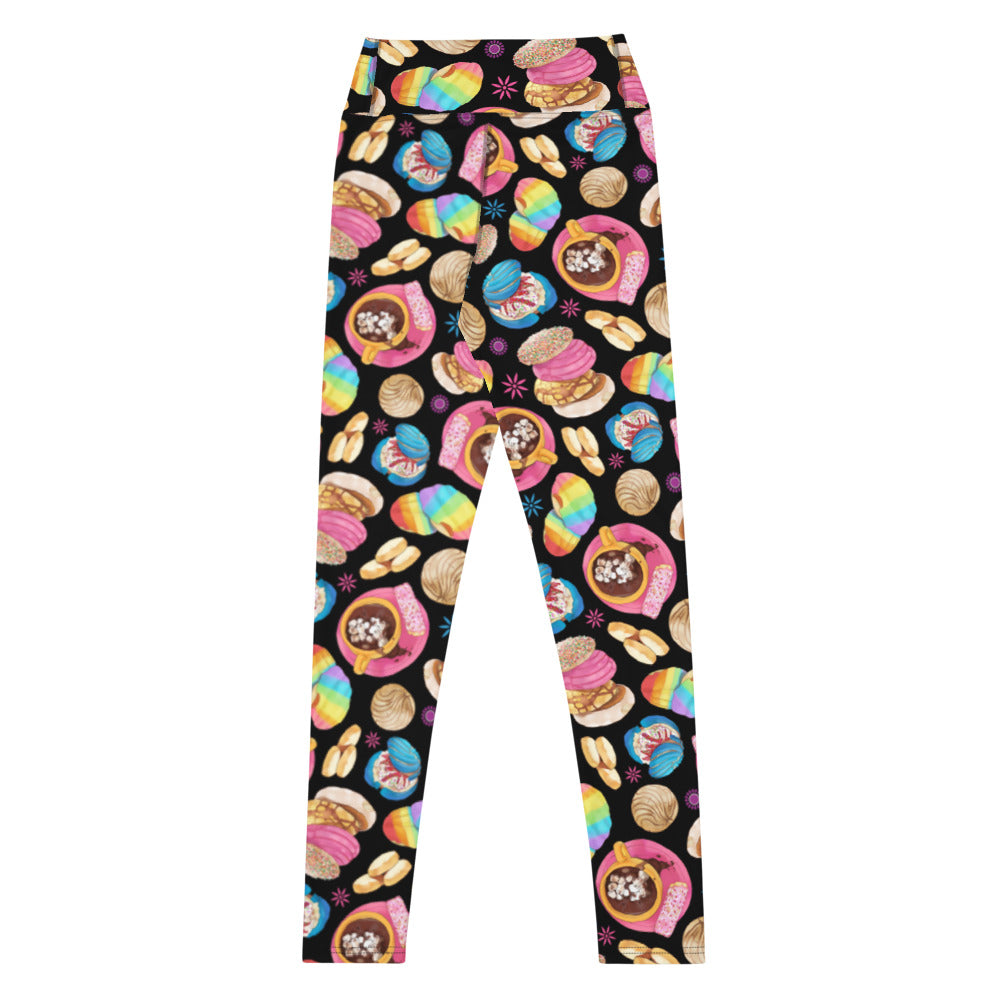 Stylish High-waisted Pan Dulce Leggings featuring a colorful dessert print, perfect for workouts or casual outings.