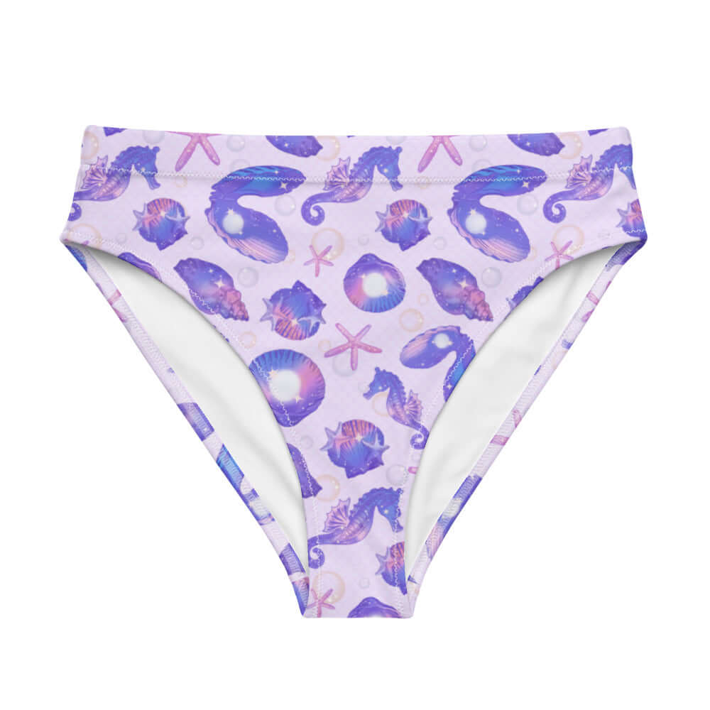 High-waisted Sea Princess Bikini Bottom with a vibrant seashell print, perfect for beach days and spa visits.