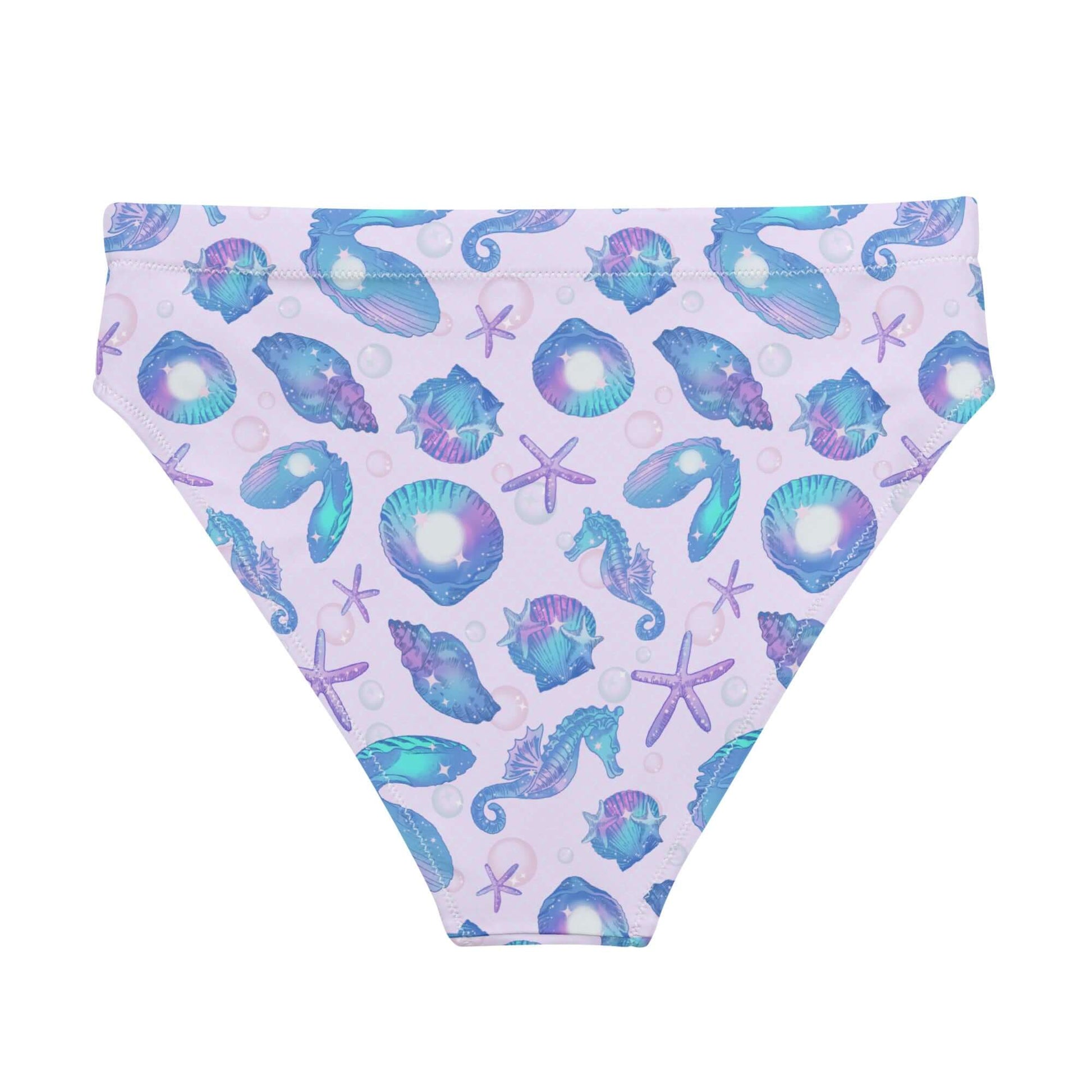 High-waisted Sea Princess Bikini Bottom features a colorful seashell print, perfect for stylish summer adventures.
