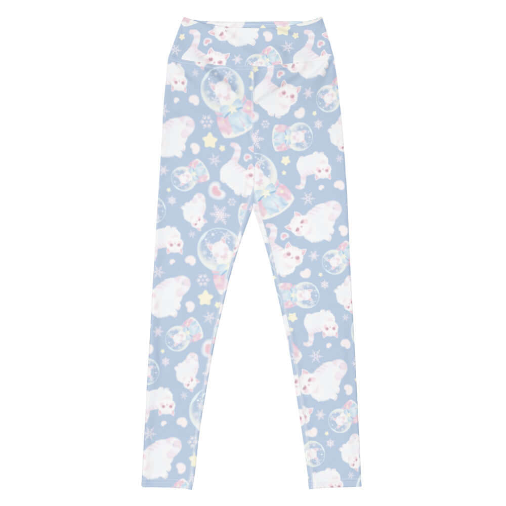 High-waisted Snow Kitten Leggings featuring a cute kitten print, perfect for workouts or lounging in style.
