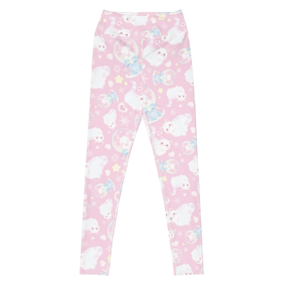 Stylish High-waisted Snow Kitten Leggings with adorable kitten print, perfect for workouts or lounging in comfort.