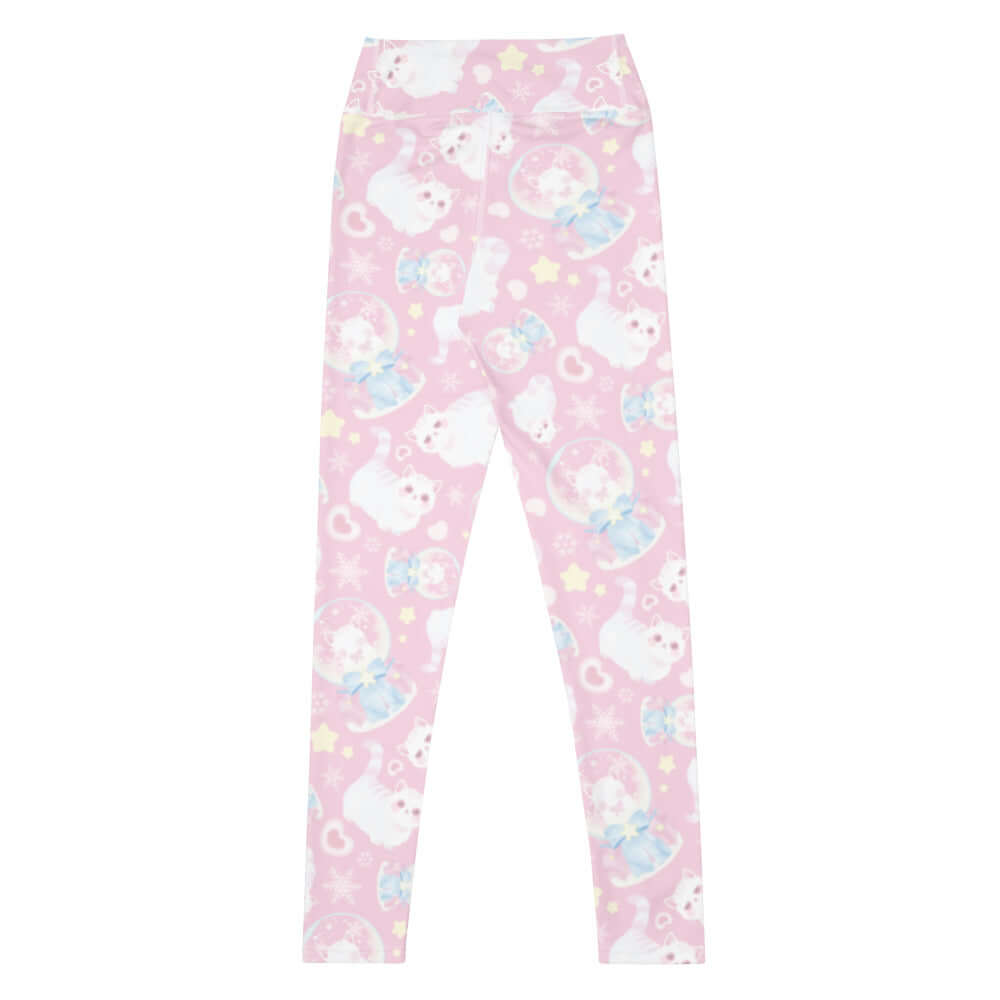 High-waisted Snow Kitten Leggings feature a cute kitten print, perfect for workouts or lounging in style.