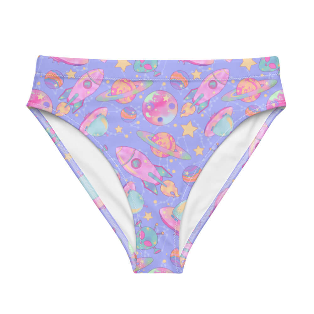 High-waisted Space Bikini Bottom featuring a colorful rocket and planet design for a fun beach day.