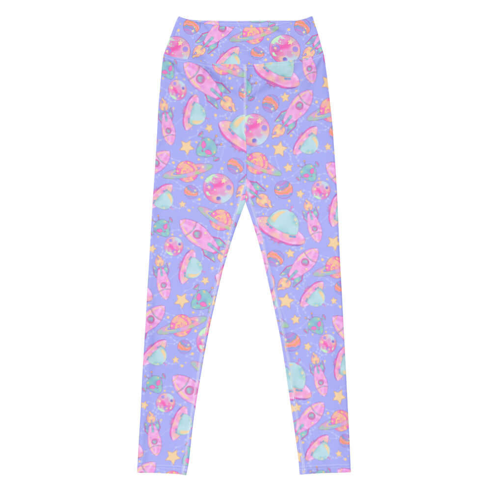 Stylish High-waisted Space Leggings featuring colorful space patterns, perfect for gym or casual wear.
