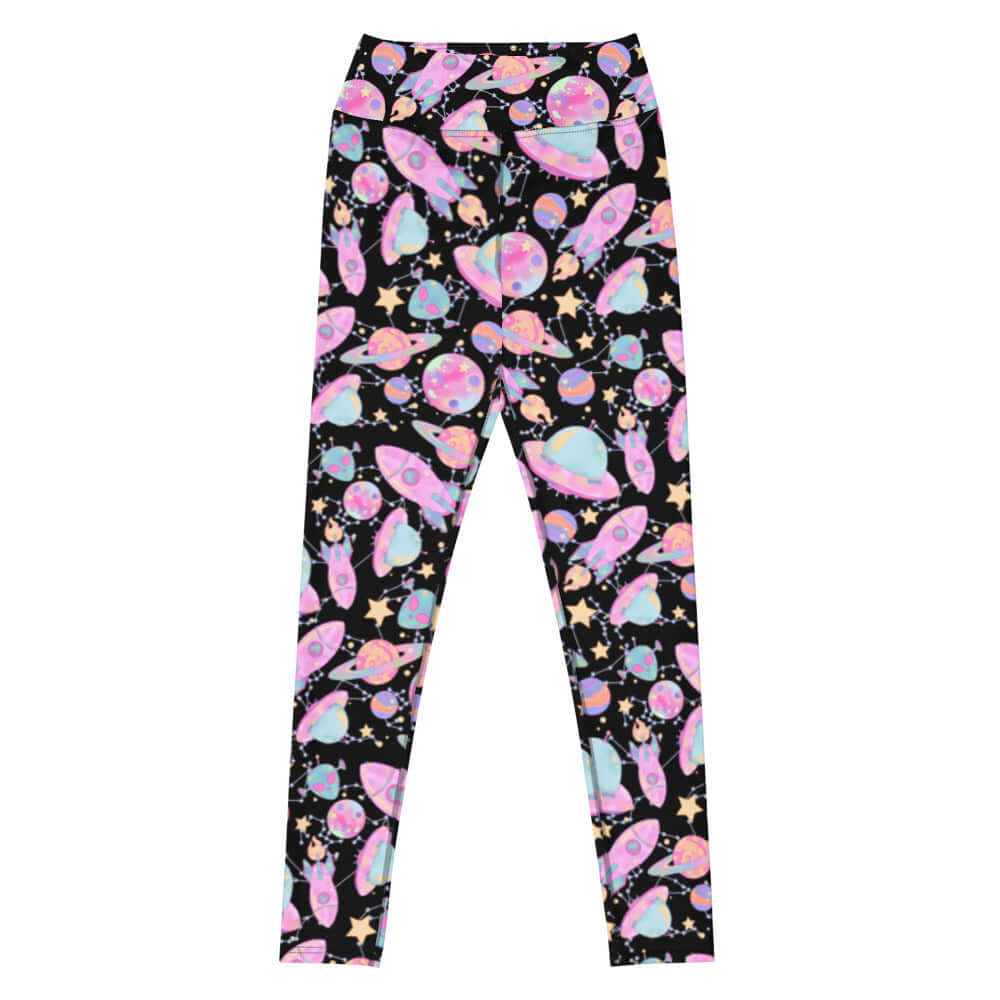 Colorful High-waisted Space Leggings featuring a fun cosmic design, perfect for gym or casual wear.