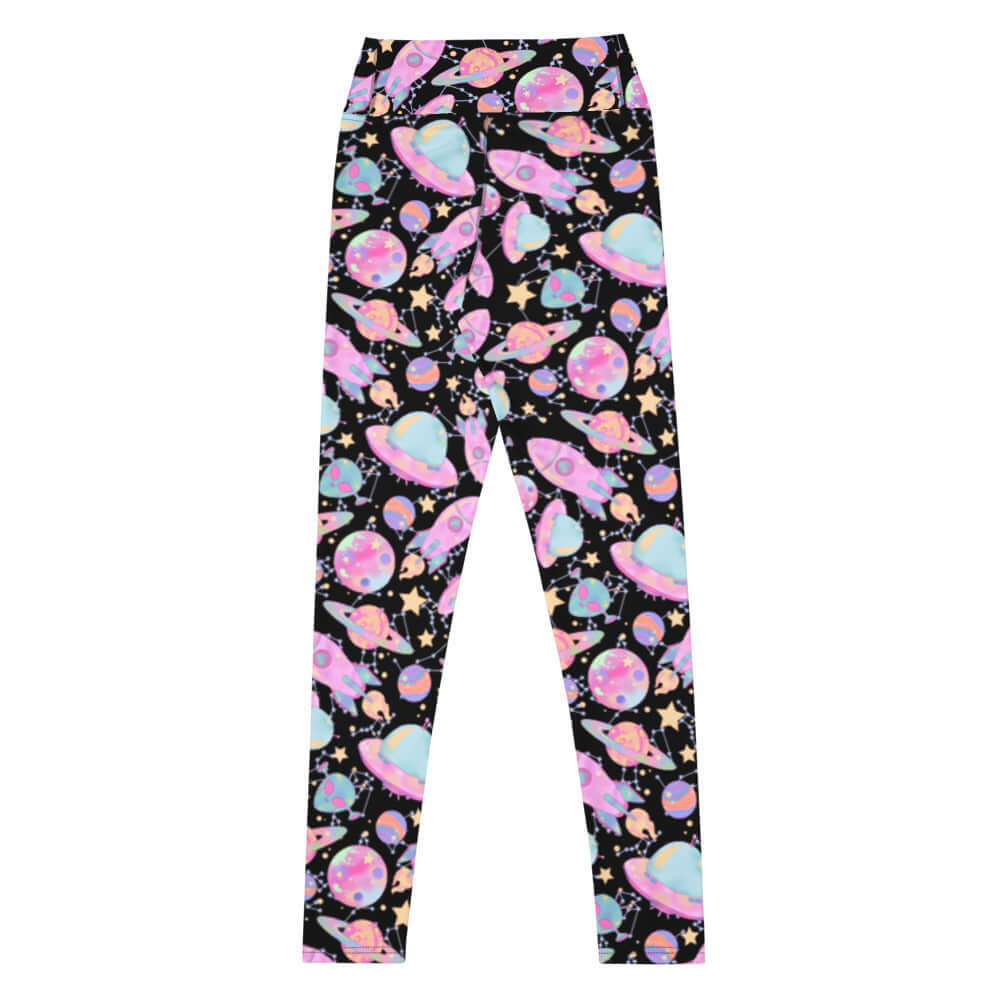 Stylish High-waisted Space Leggings feature a colorful cosmic print, perfect for workouts or casual outings.