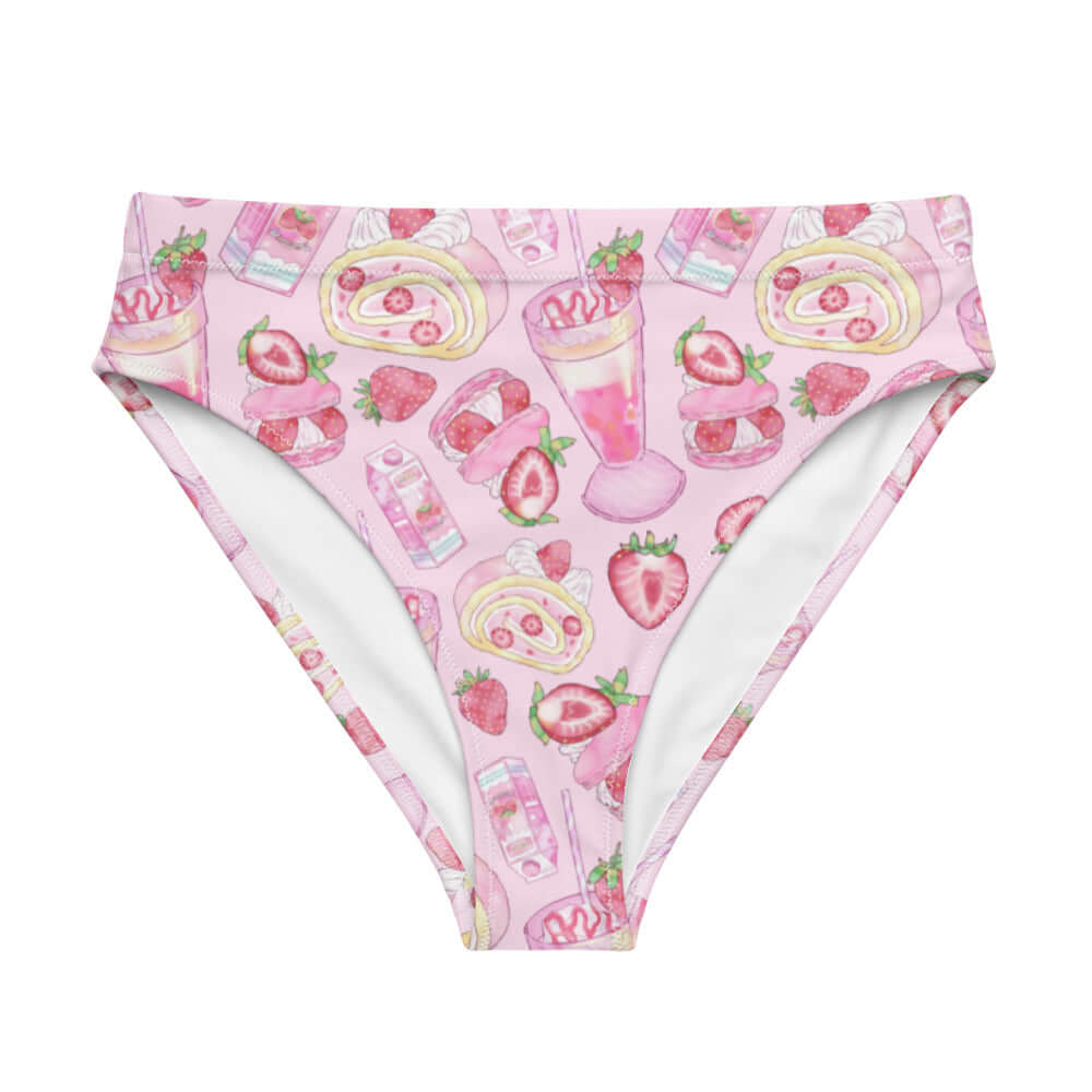 High-waisted Strawberry Bikini Bottom featuring a fun strawberry print, perfect for beach adventures and stylish comfort.