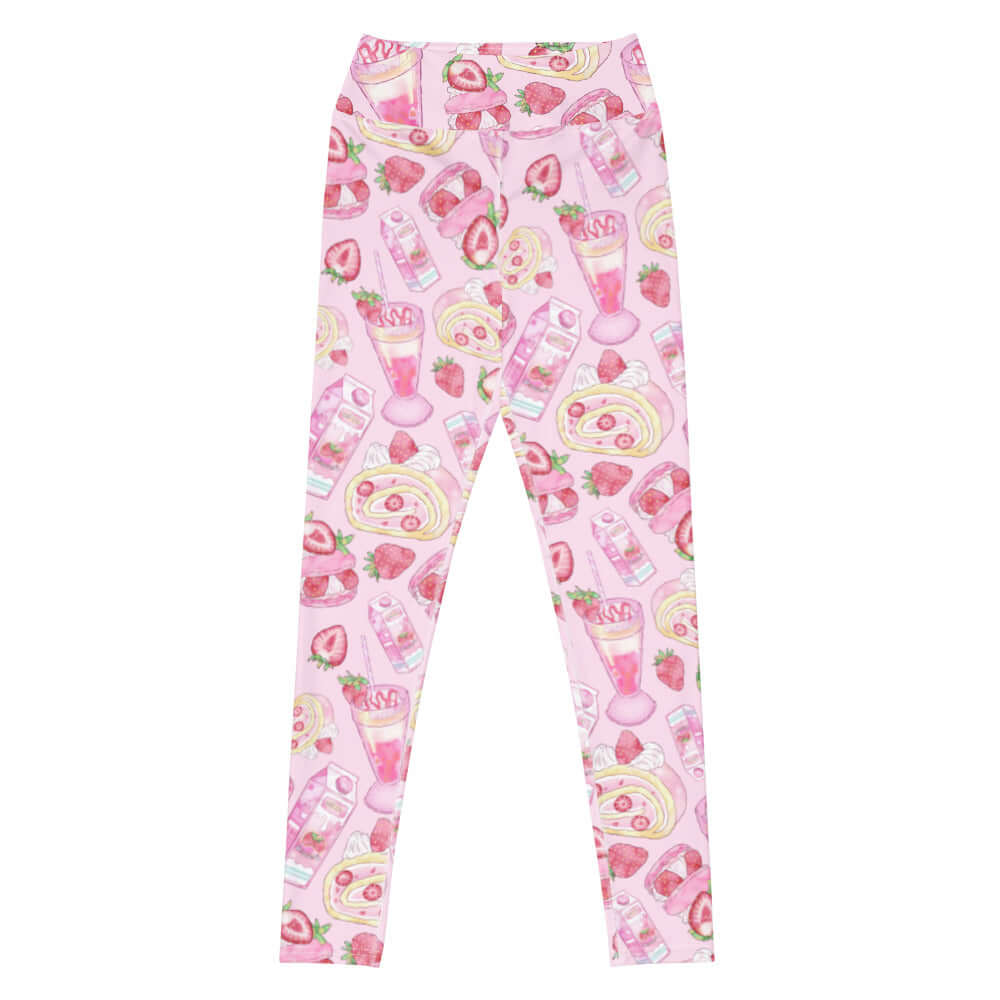 High-waisted Strawberry Leggings featuring a fun strawberry print, perfect for a cute and comfortable look.
