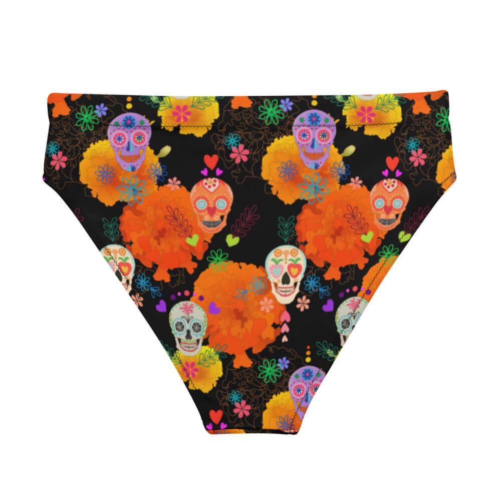 Vibrant High-waisted Sugar Skull Bikini Bottom features colorful patterns, perfect for fun days in the sun.