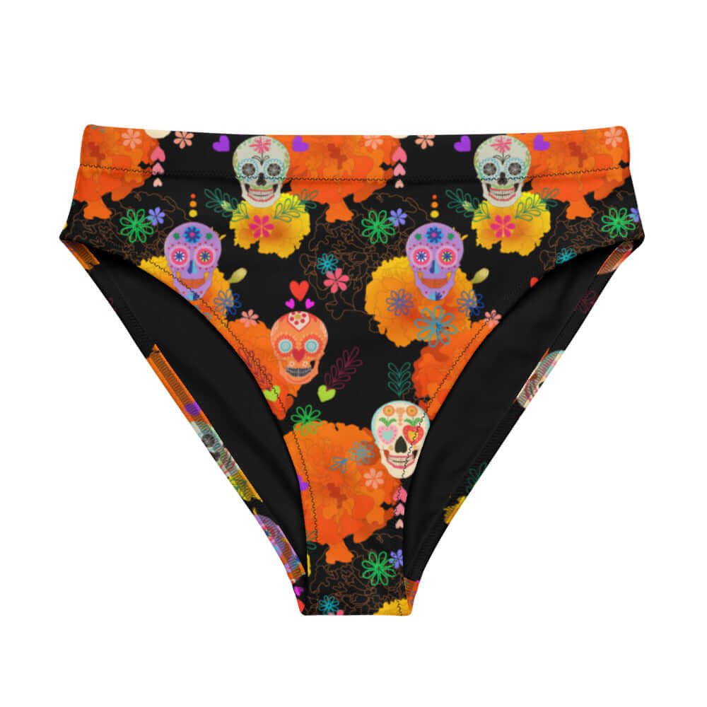 Colorful High-waisted Sugar Skull Bikini Bottom featuring a vibrant pattern, perfect for sunny beach days.