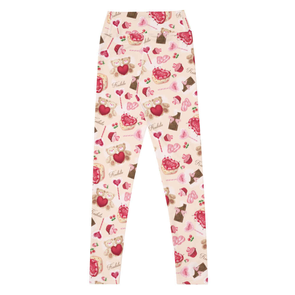 High-waisted Sugar Sweetheart Leggings featuring a cute print, perfect for a stylish and cozy Valentine's look.